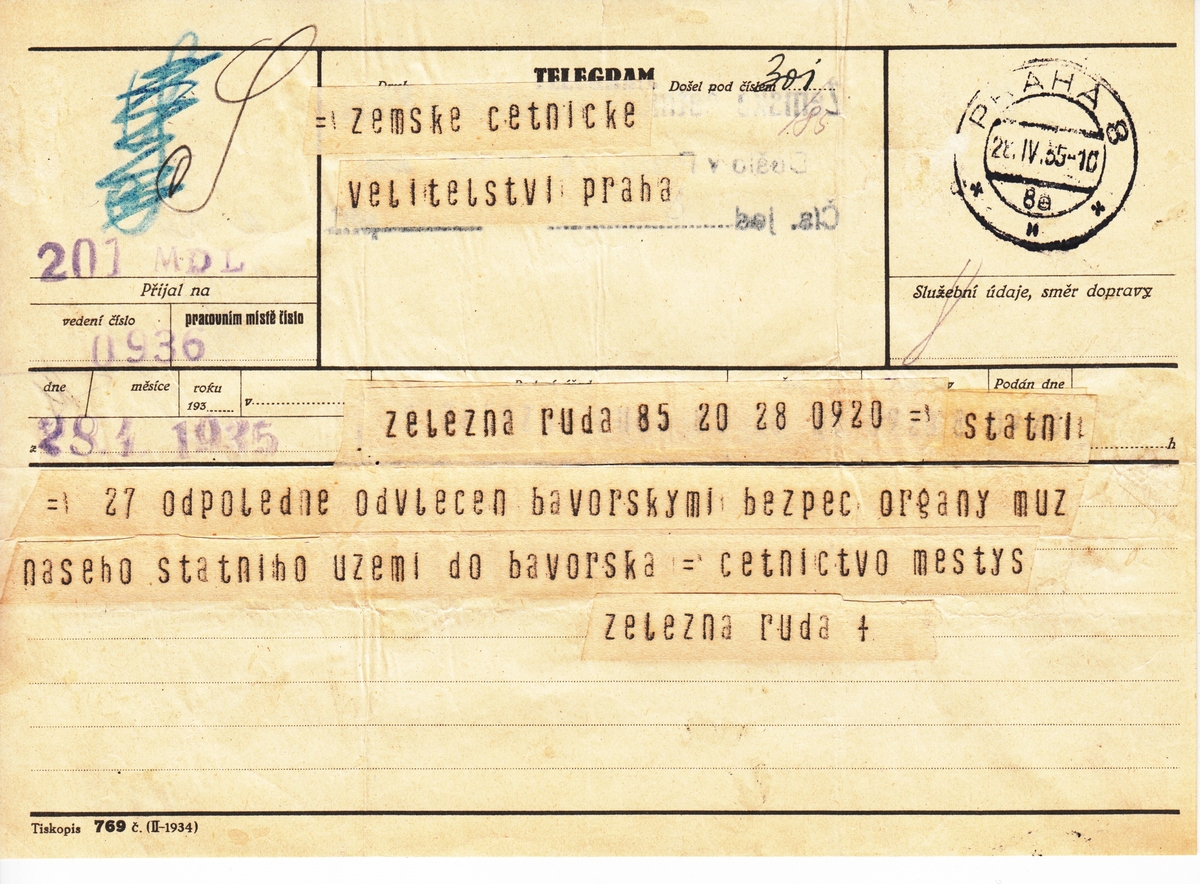 Telegram Zemskmu etnickmu velitelstv v Praze